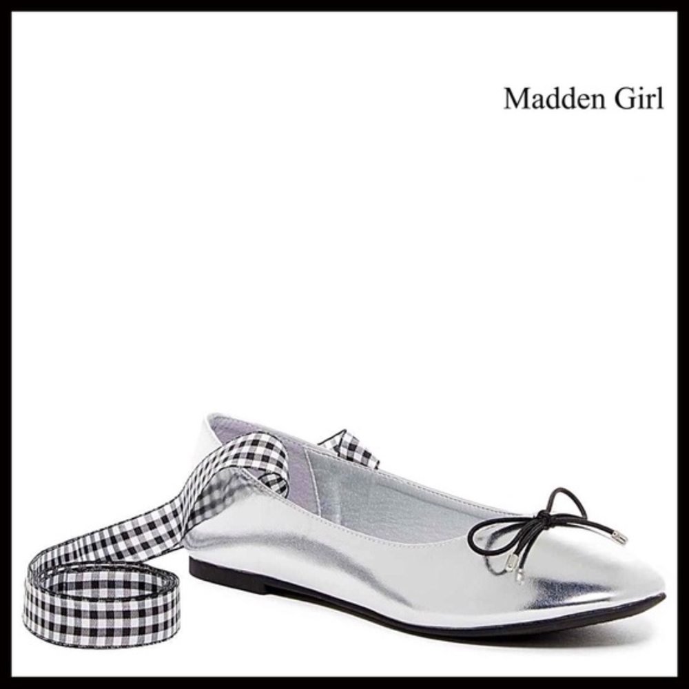 MADDEN GIRL SILVER RIBBON LACE UP BALLET FLATS A3C - Picture 7 of 8